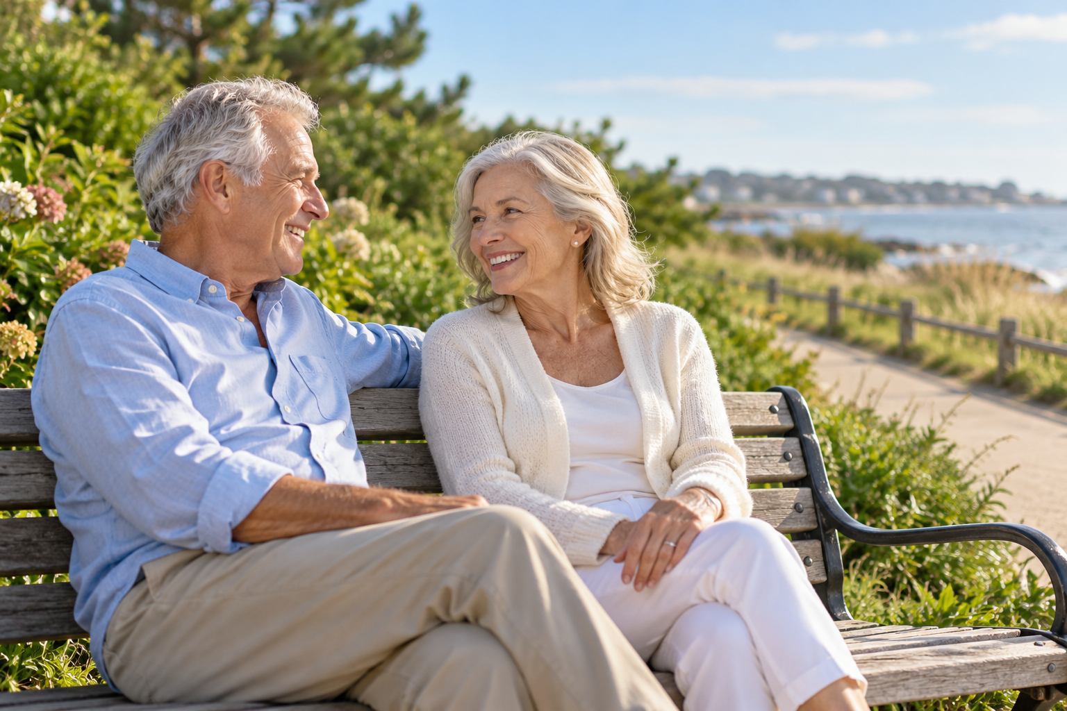 An older couple enjoying a relaxed conversation by the New Jersey coast