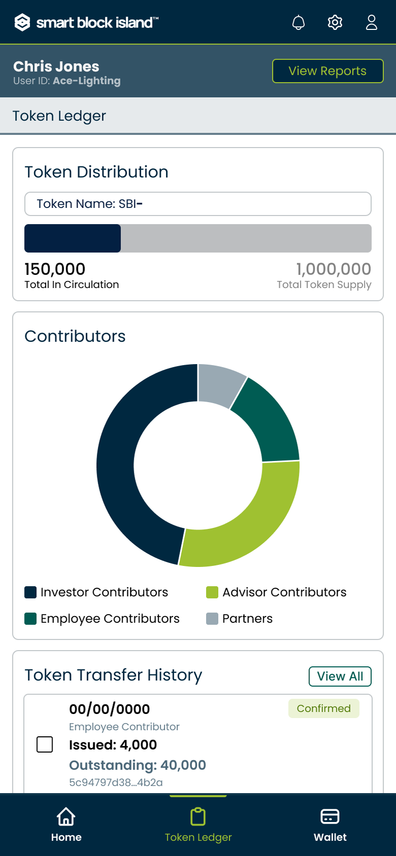 Smart Block Island token ledger showing token distribution, contributors, and transfer history
