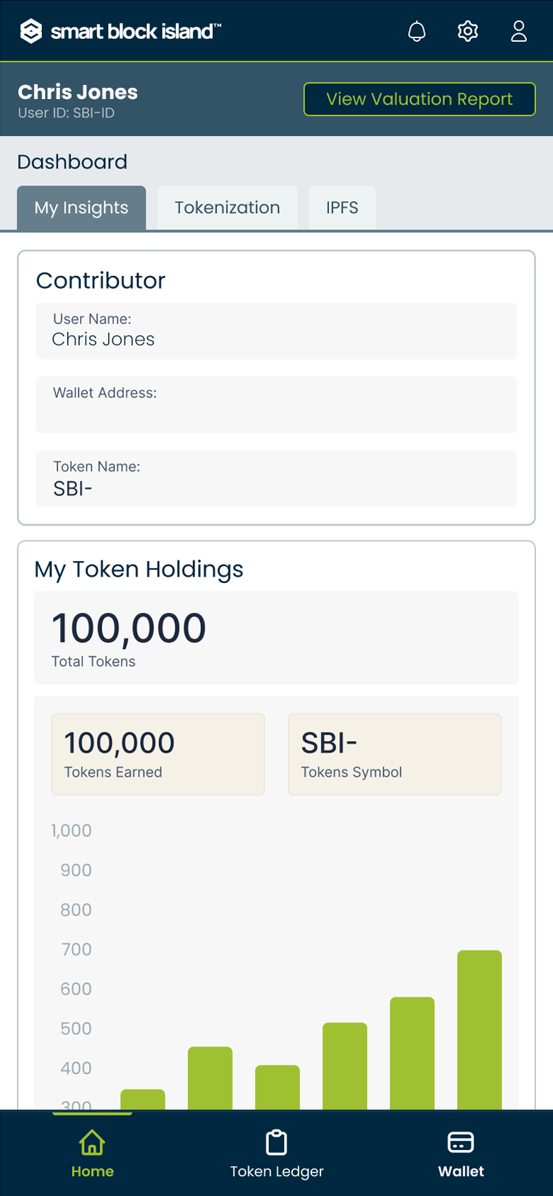 Smart Block Island dashboard showing My Insights, contributor info, and token holdings