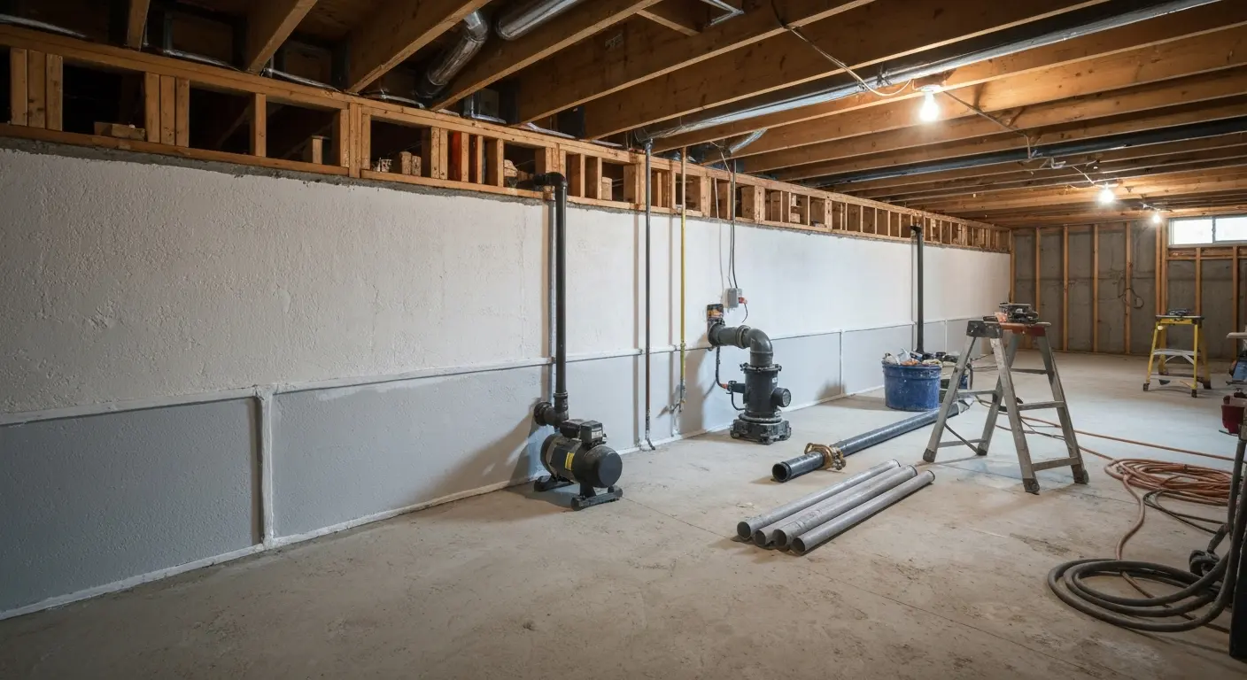 Basement waterproofing work