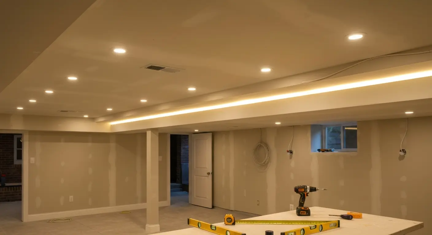 Modern basement ceiling and lighting