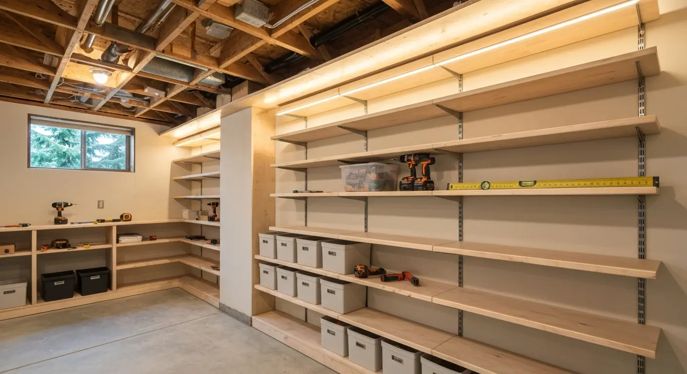 Custom storage shelving in basement
