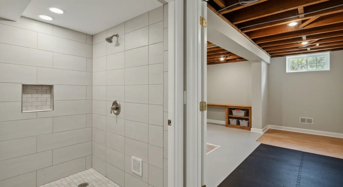 Finished basement bathroom with tiled shower