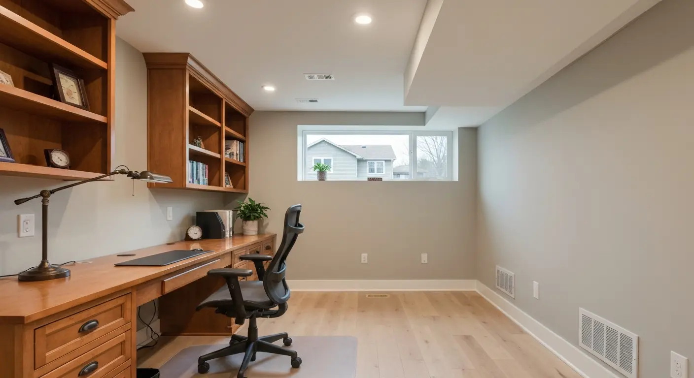 Home office and workspace in finished basement