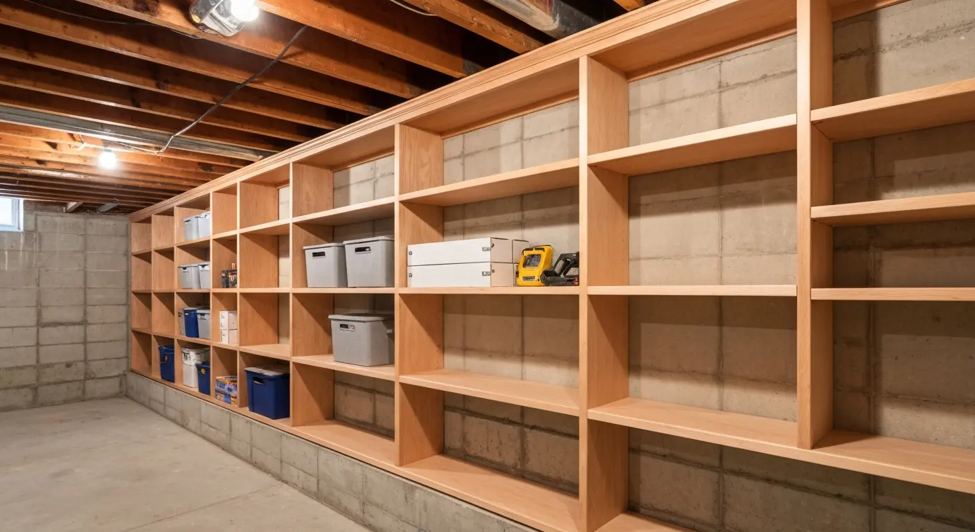 Custom built-in basement shelving