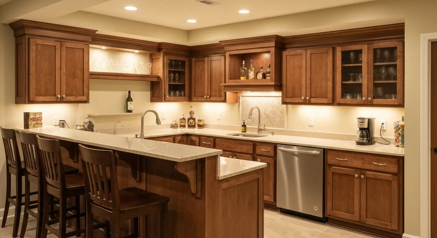 Finished basement kitchenette and bar area