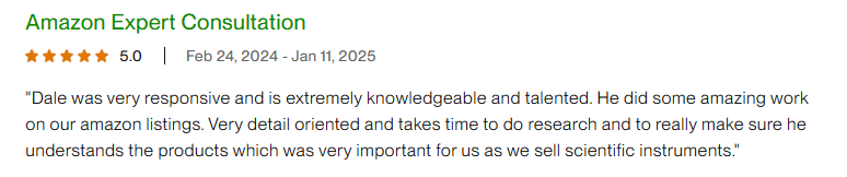 Upwork review: very responsive, extremely knowledgeable, did amazing work on our Amazon listings