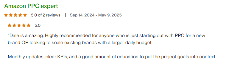 Upwork review: highly recommended for anyone starting out with PPC or scaling existing brands, with monthly updates and clear KPIs