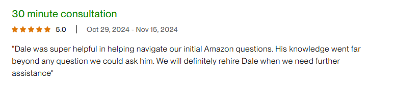Upwork review: super helpful navigating our initial Amazon questions, will definitely rehire