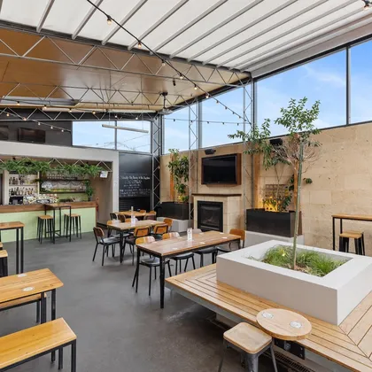 The beer garden, roof back on a sunny arvo