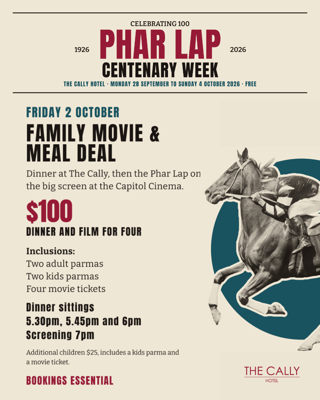 Phar Lap Centenary Week poster for the Family Movie and Meal Deal at The Cally Hotel