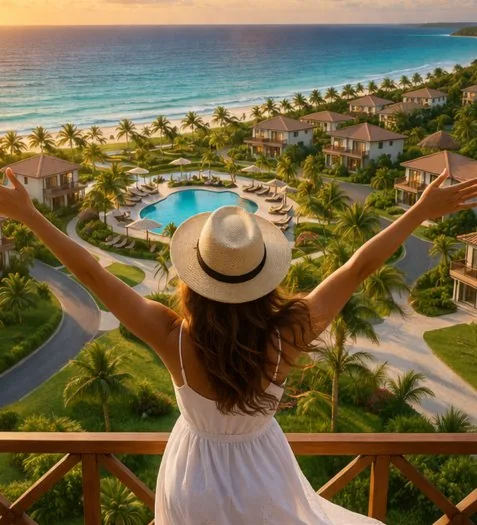 Woman enjoying the view over the Arcadia Beach resort on Panama's Caribbean coast