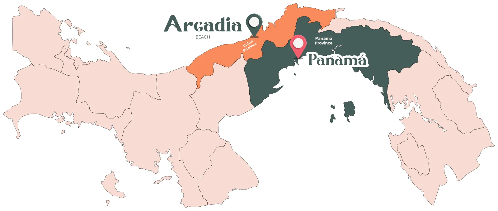 Map of Panama showing Arcadia Beach in Colon Province on the Caribbean coast, northwest of Panama City