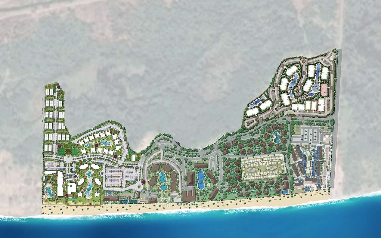 Illustrated aerial master plan of the Playa Caracol development along Panama's Pacific coast