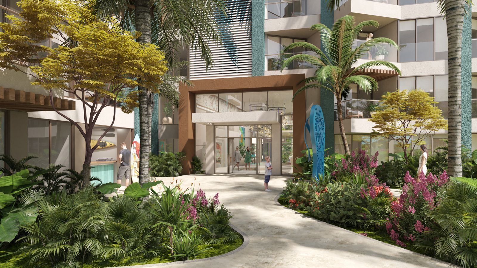 Arrival and lobby entrance at Margaritaville Playa Caracol with tropical landscaping