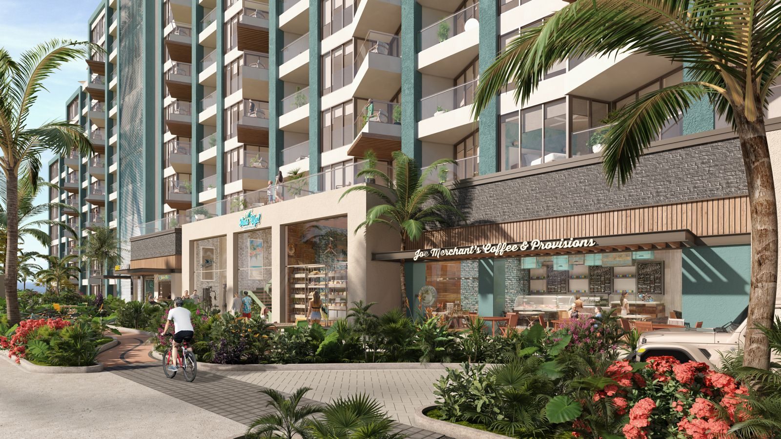 Two-story residences and street level at Margaritaville Playa Caracol