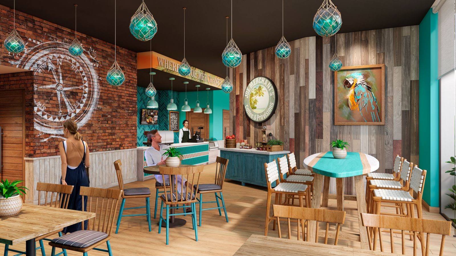 Tropical bar interior with parrot art