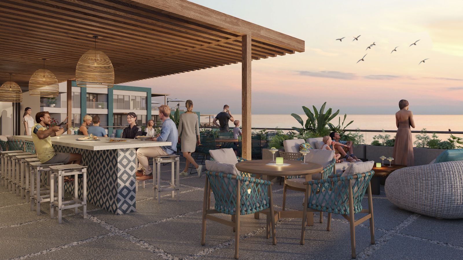 Rooftop lounge with ocean views at Margaritaville Playa Caracol