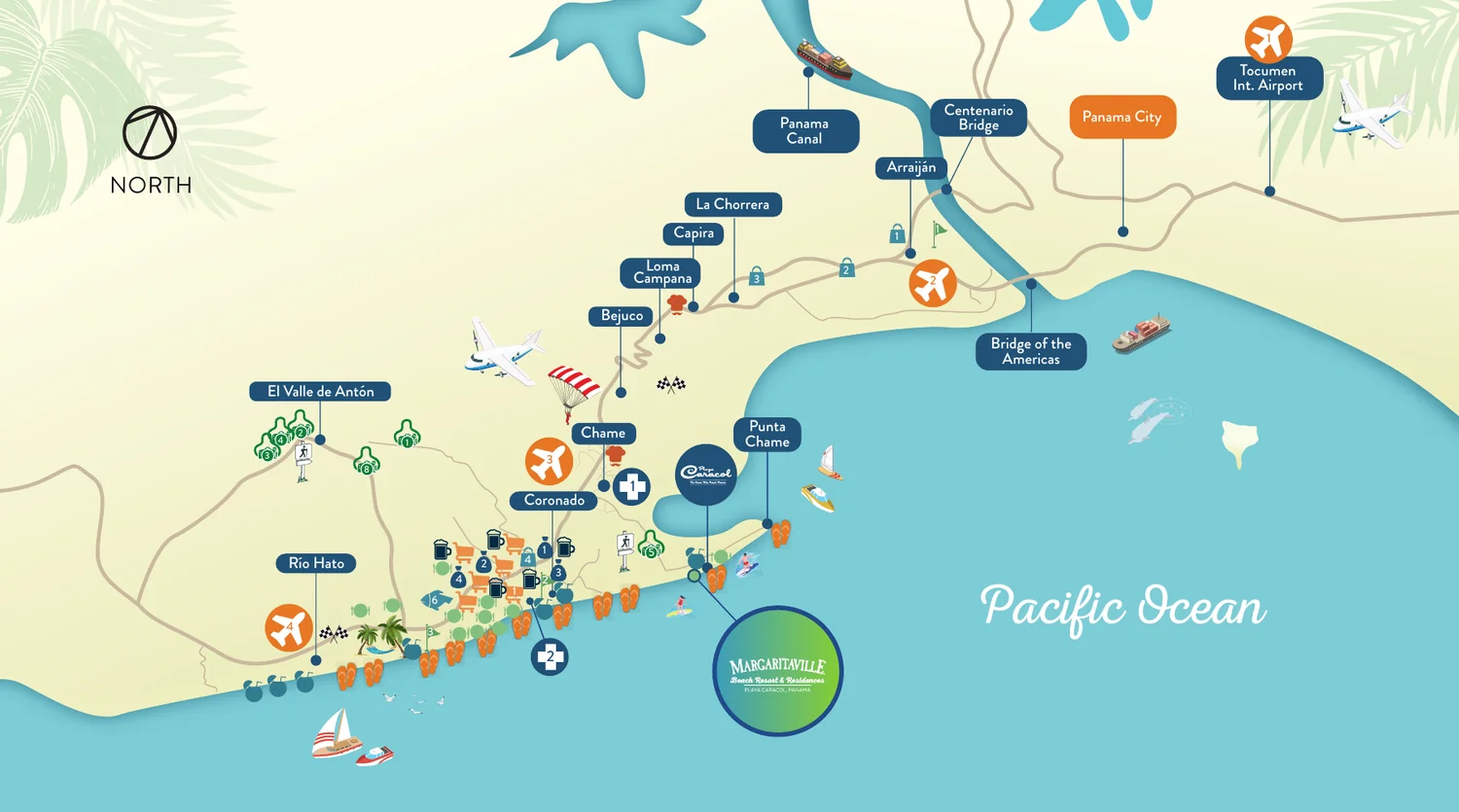 Map of Panama's Pacific coast showing Margaritaville Beach Resort & Residences at Playa Caracol, Chame, in relation to Panama City, Tocumen International Airport, Coronado and the Pan-American Highway
