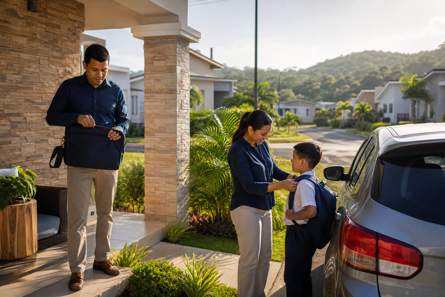 Professional family preparing for the morning commute outside a contemporary Panama Oeste townhouse community. Professional family preparing for the morning commute outside a contemporary Panama Oeste townhouse community.