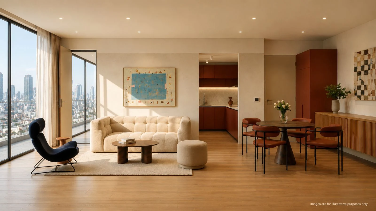 Furnished Centro living and dining room with panoramic windows in daylight