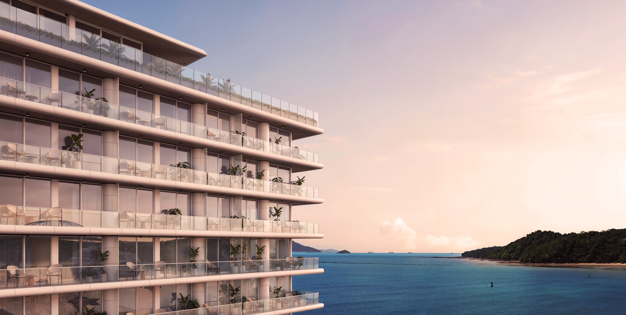 Nautilus architectural rendering showing curved balconies beside the sea