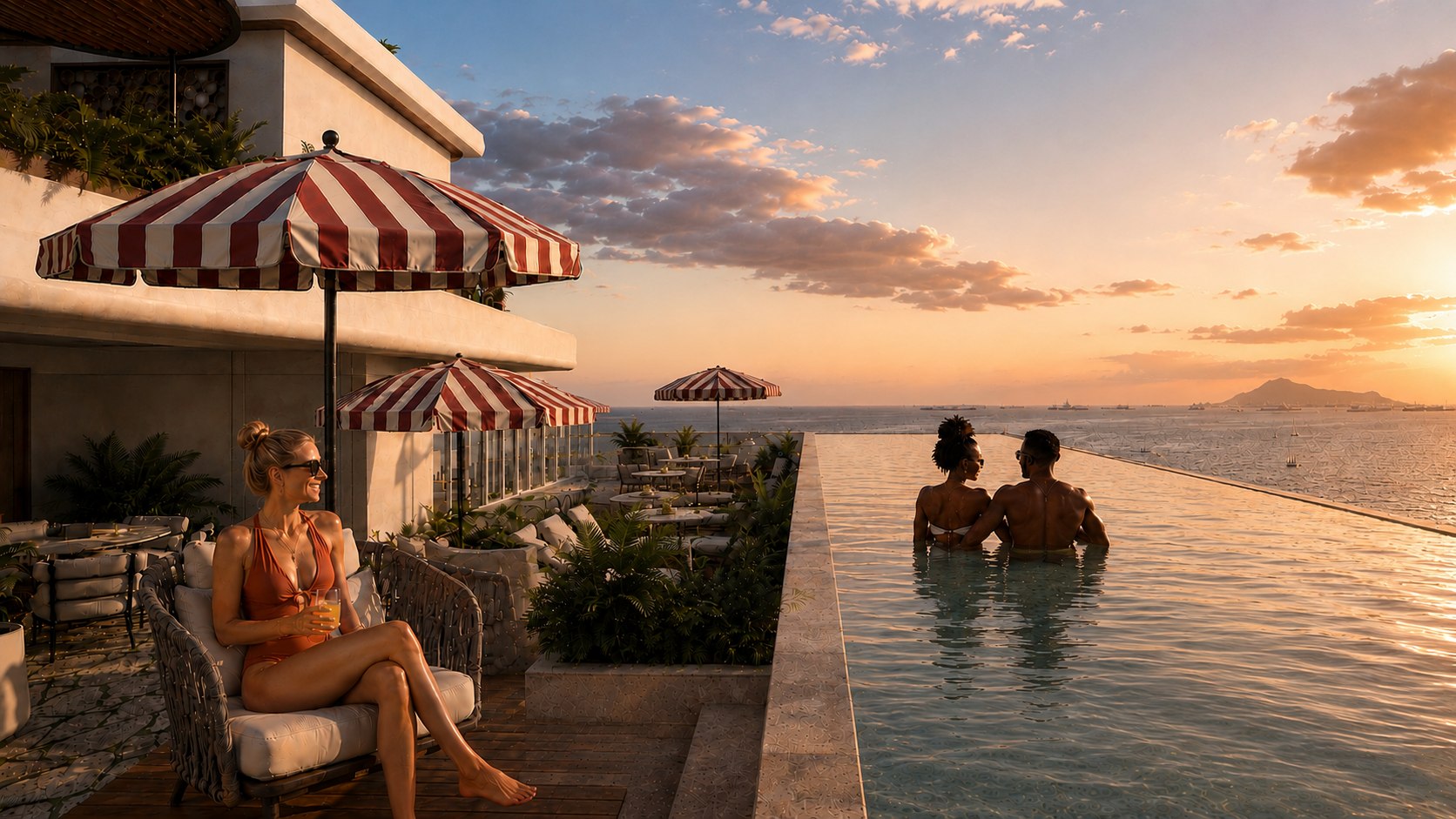 Nautilus rooftop pool at sunset
