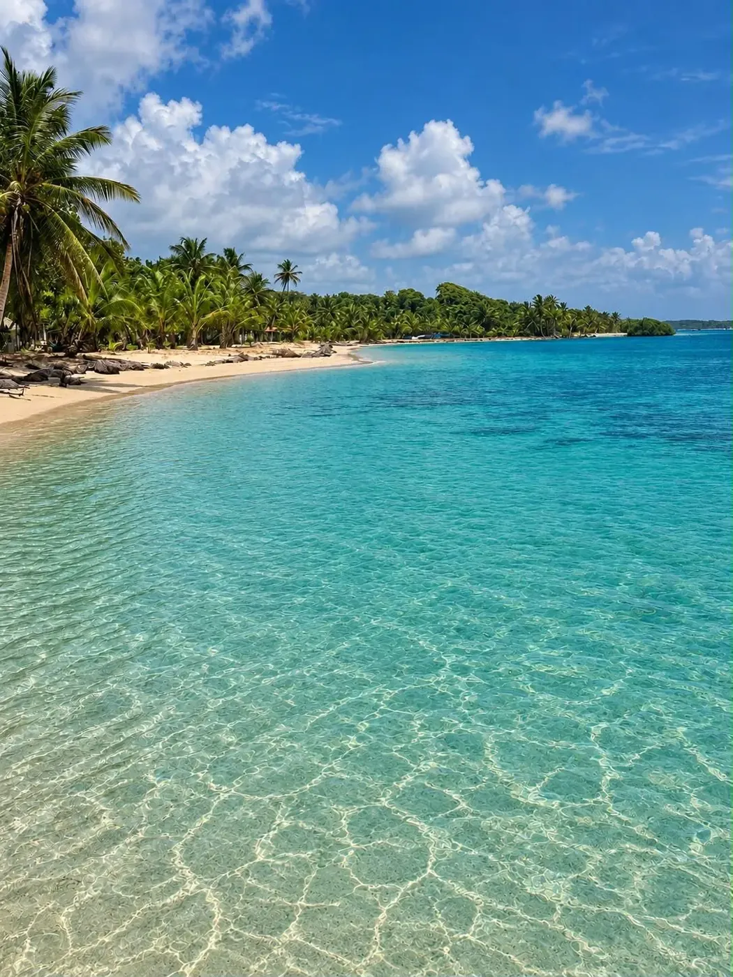 Palm-lined beach beside clear shallow turquoise water