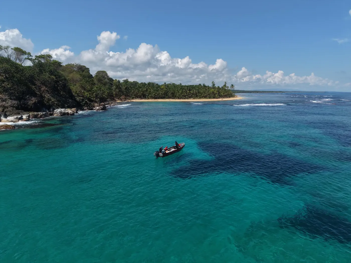 Panga crossing clear Caribbean water with forested coastline beyond
