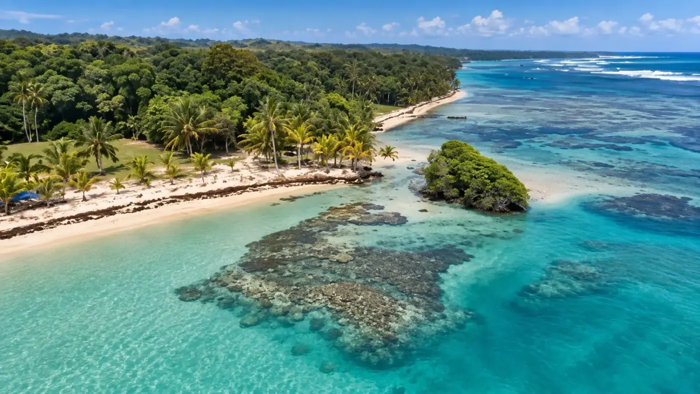 A small mangrove island in a shallow lagoon beside the coastline