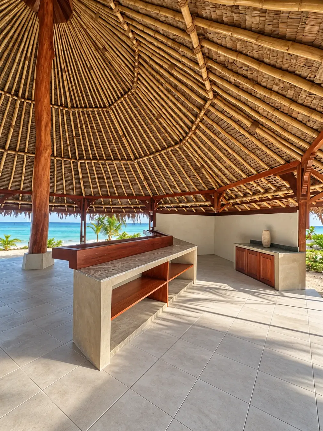 Timber and tiled bar area beneath the thatched gazebo roof