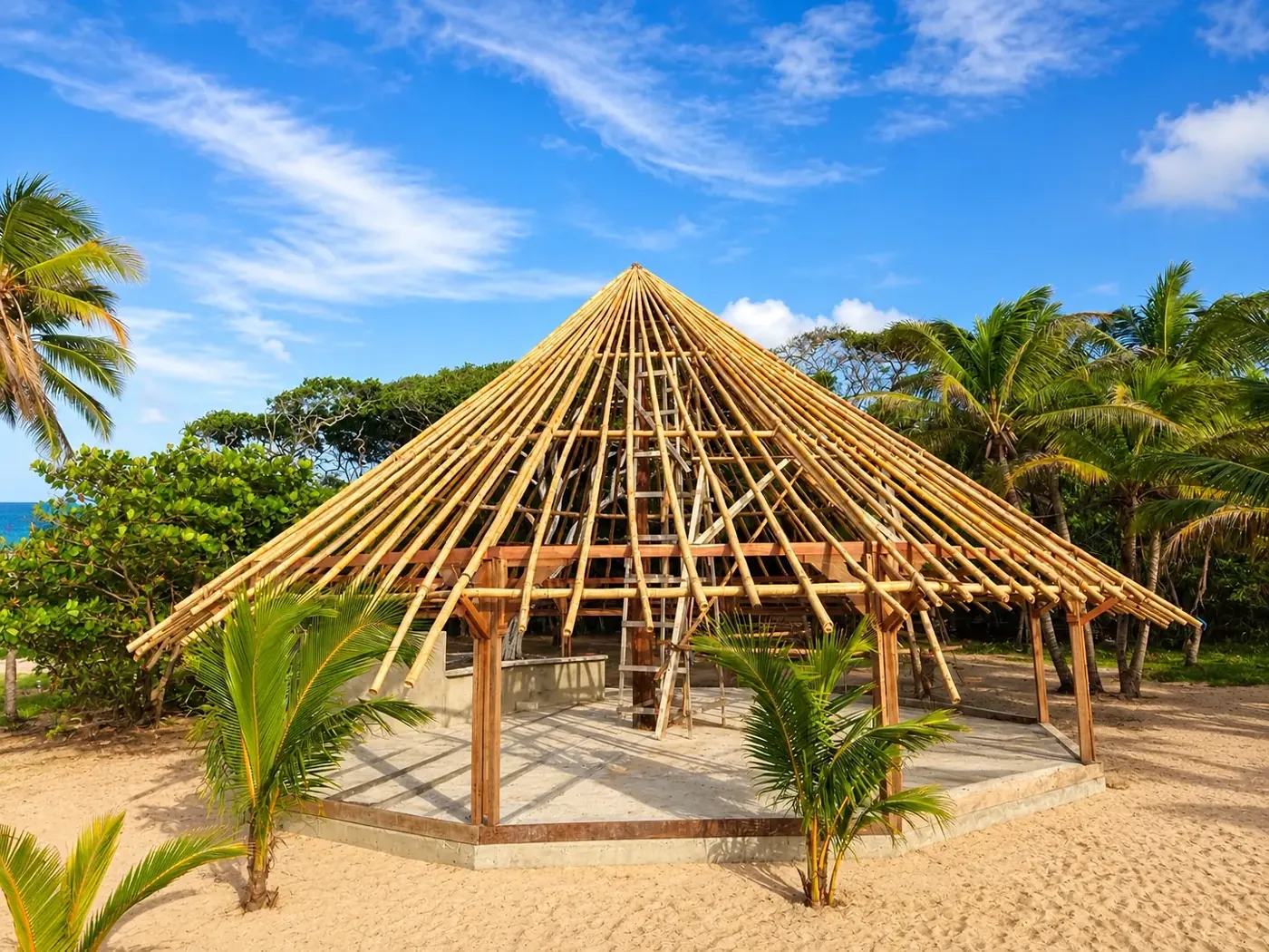 Beach gazebo construction progress at Cocuyé