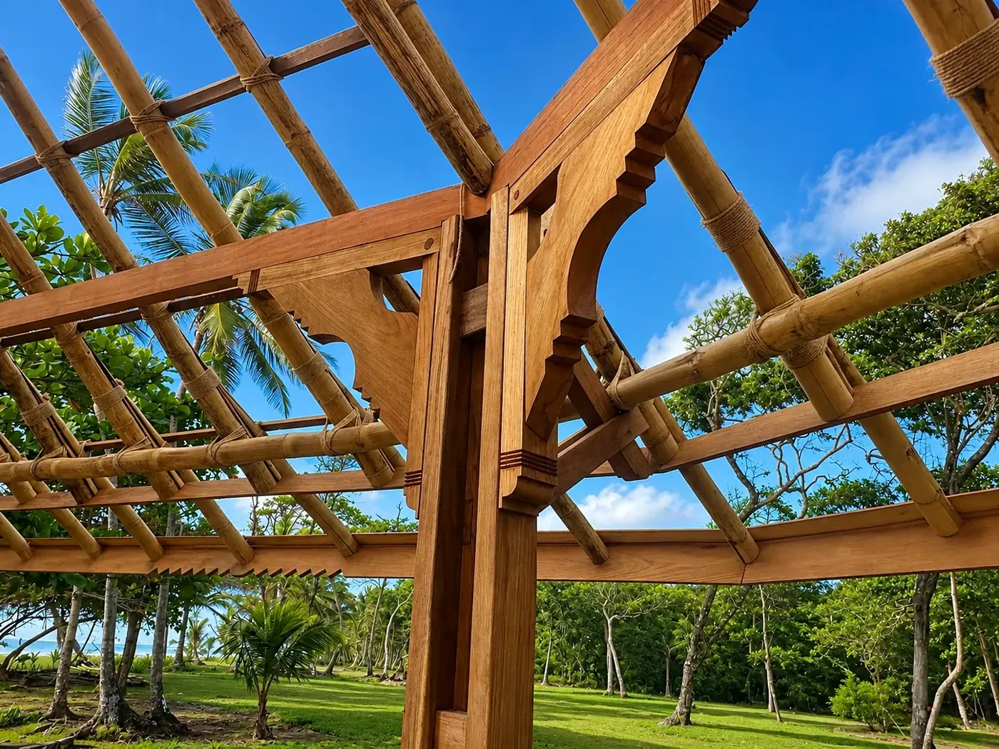 Close view of handcrafted tropical hardwood joinery
