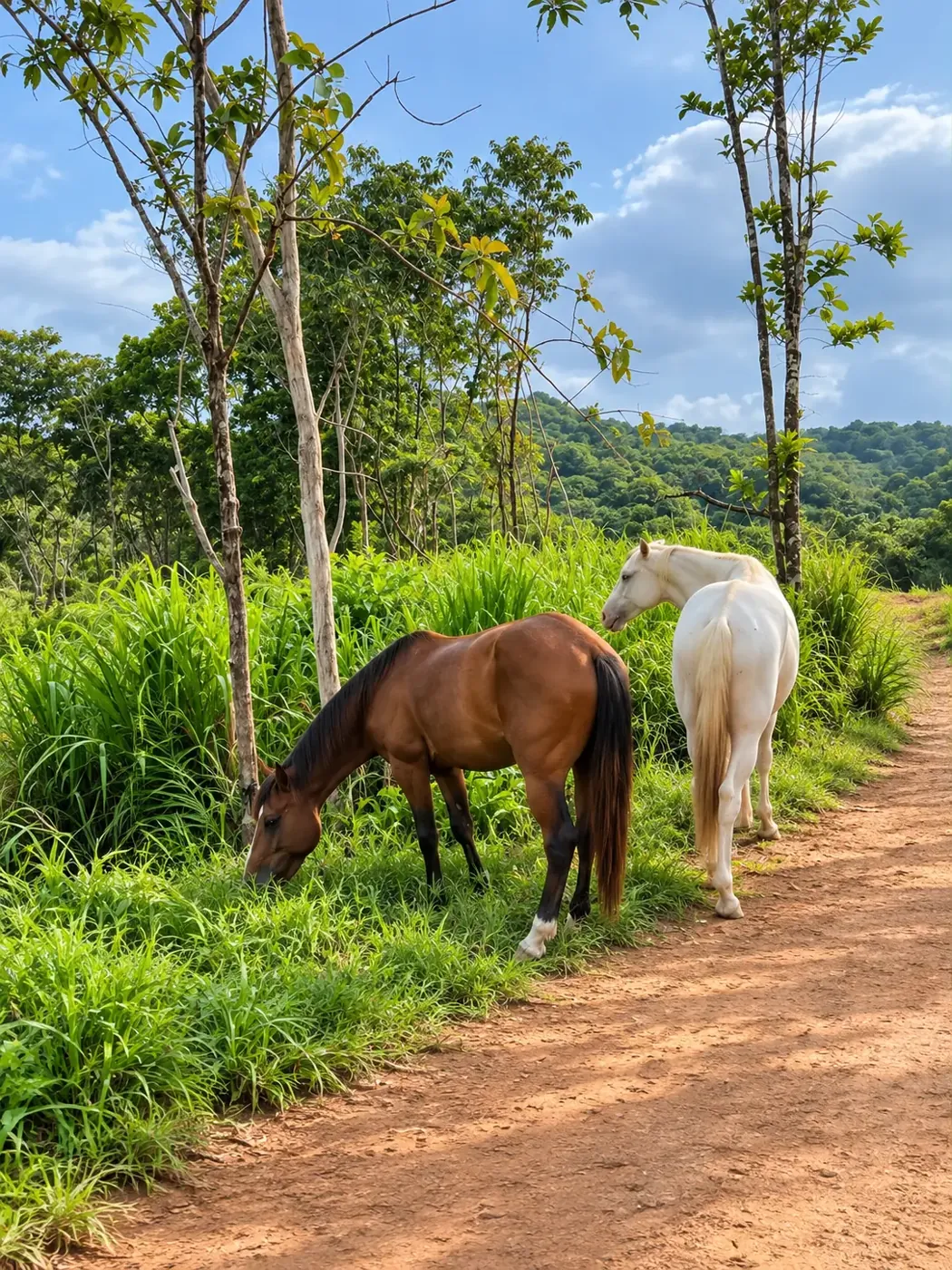 Two horses grazing beside a forest trail on the Cocuyé estate