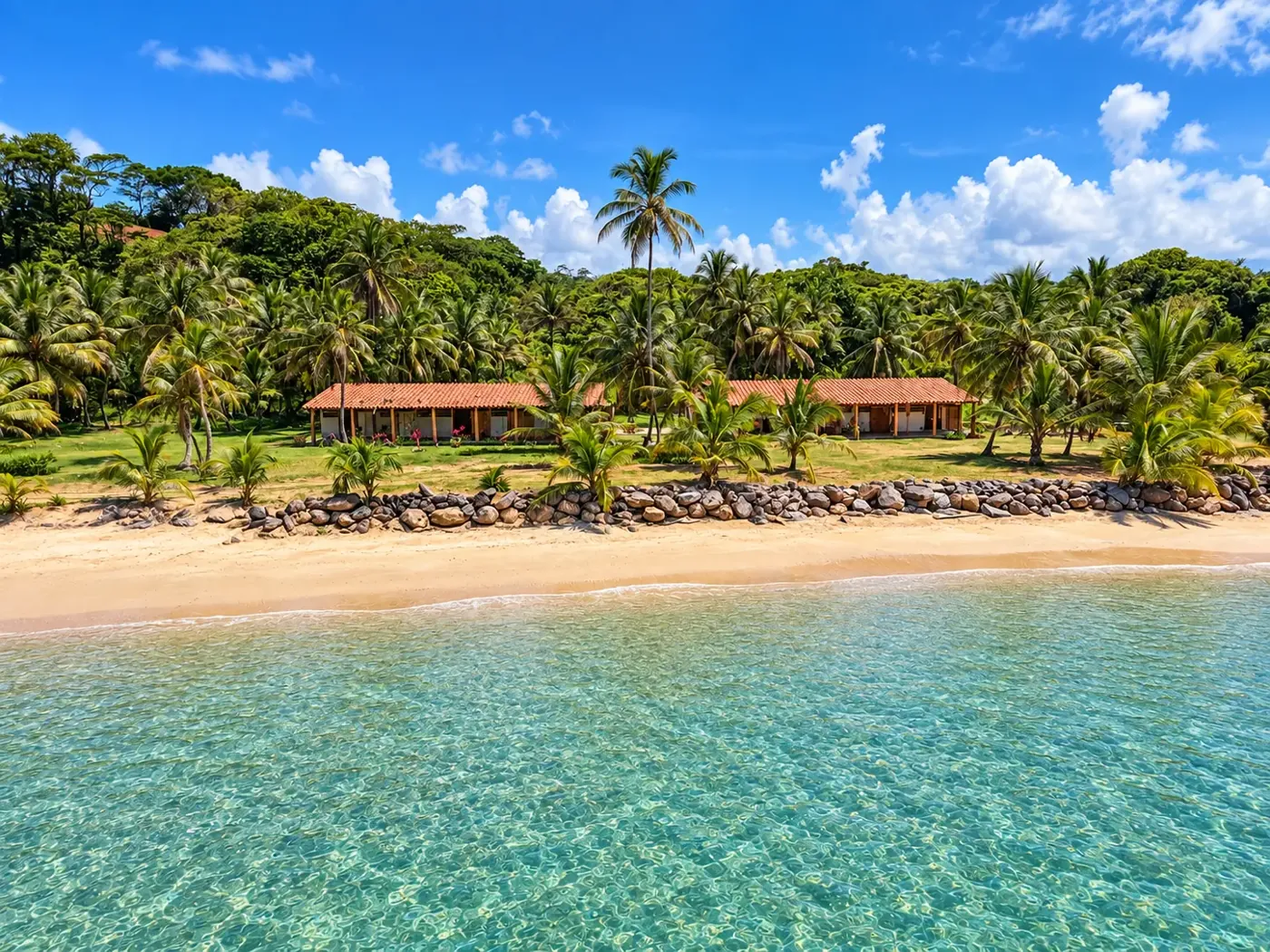 Beachfront stables seen across the clear shallow water