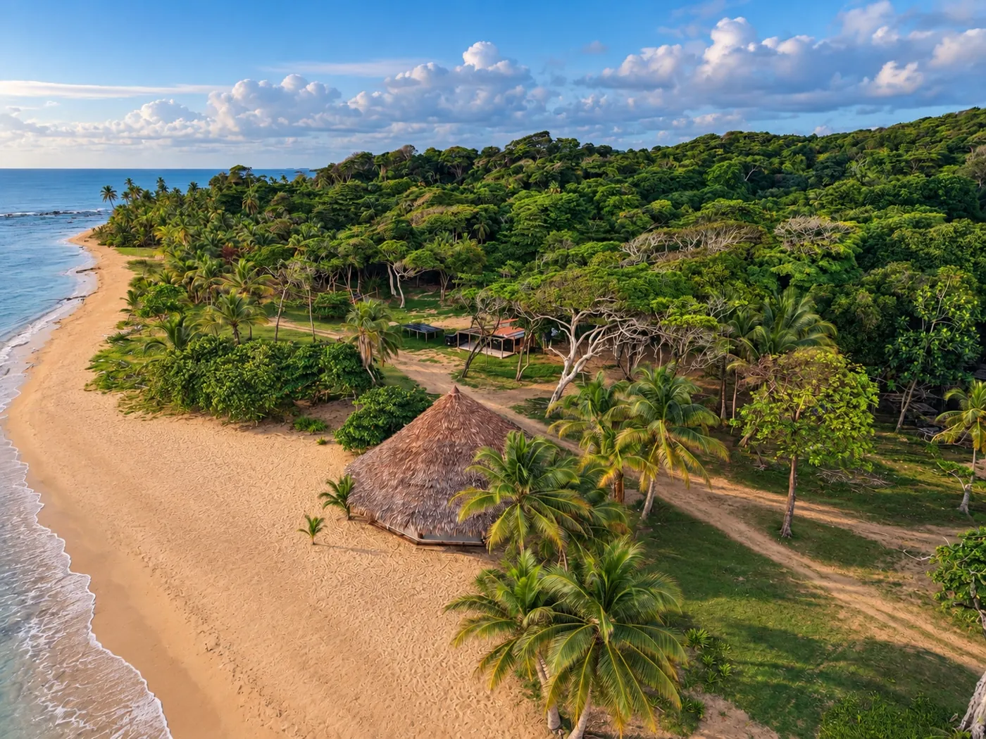 Aerial view of the beachfront gazebo and clean beach at Los Caletones