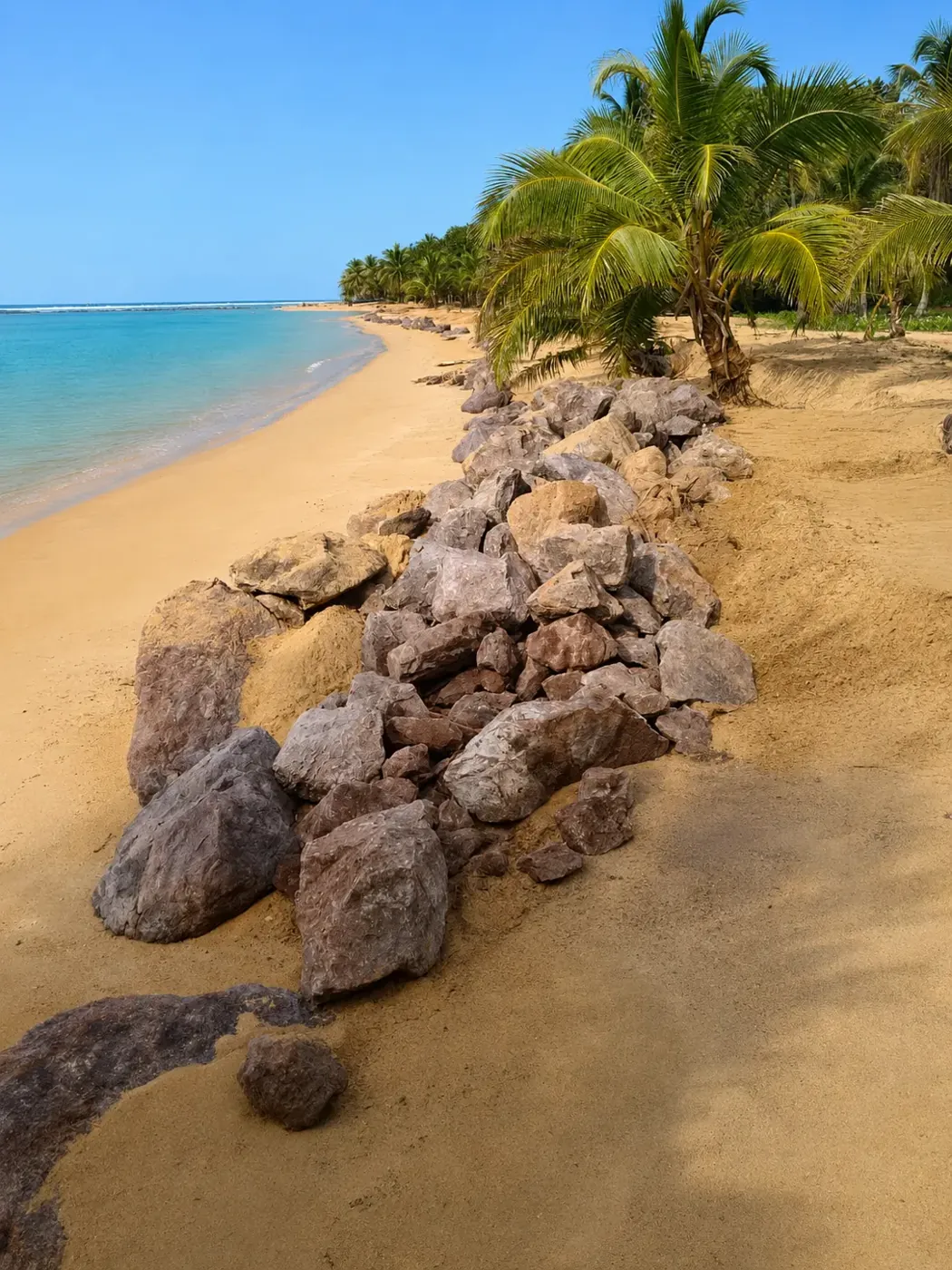 Protective stone barrier installed along the Caribbean shoreline at Los Caletones