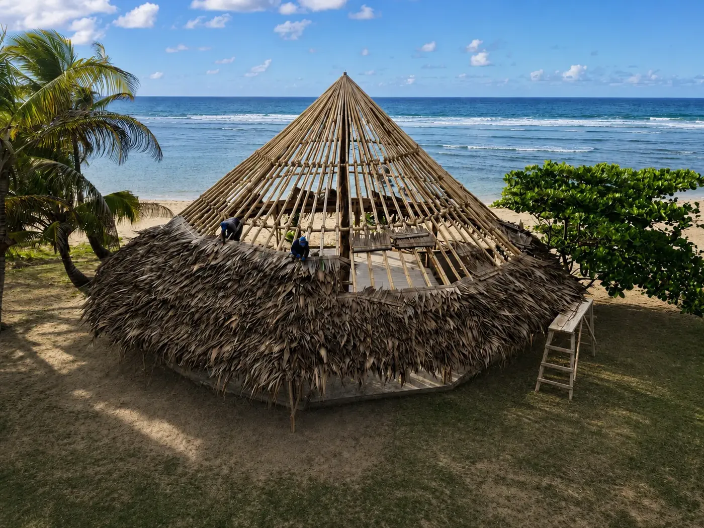 Beachfront gazebo under construction beside the Caribbean at Cocuyé