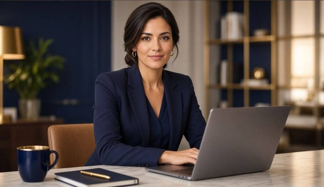 Professional woman working on a laptop in a modern office