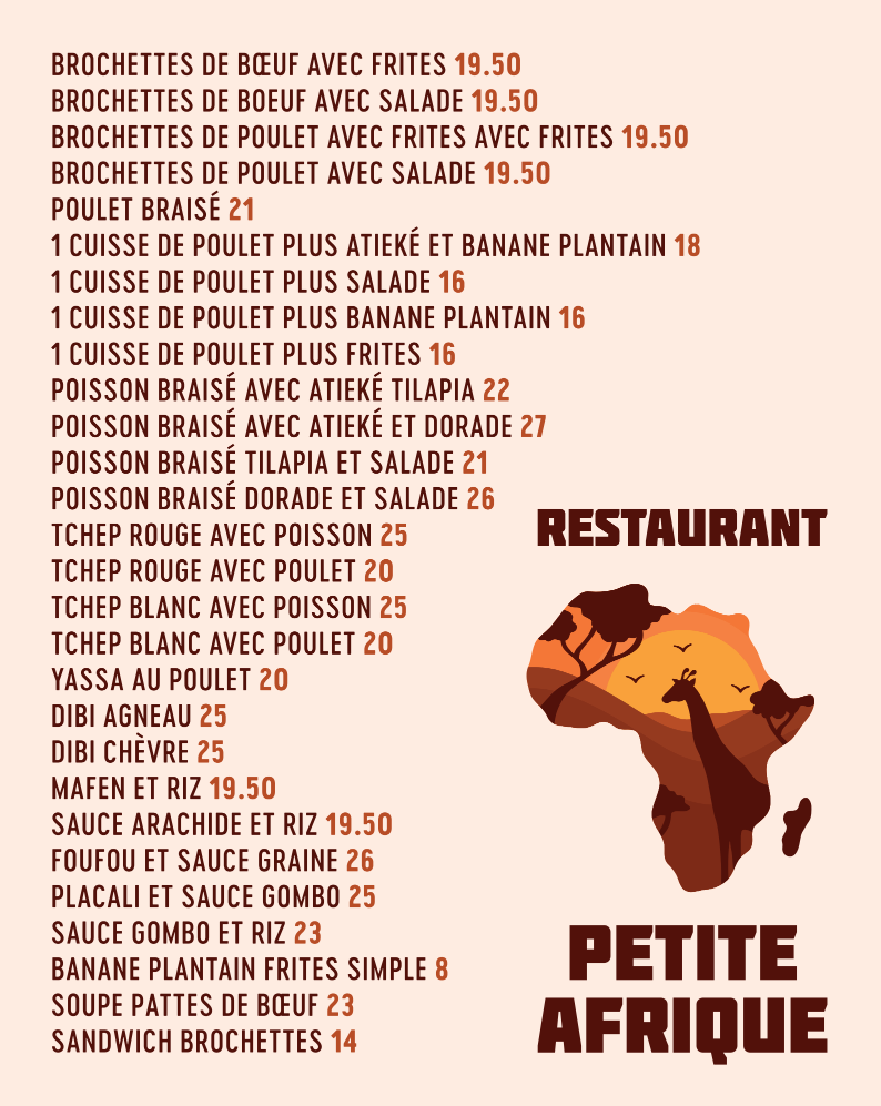 Menu complet du restaurant africain Petite Afrique à Montréal — tchep, yassa, mafé, brochettes