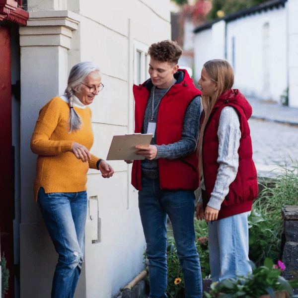 Two door-to-door salespeople at the door with a lady who is a prospective customer - they are looking at a clipboard.
