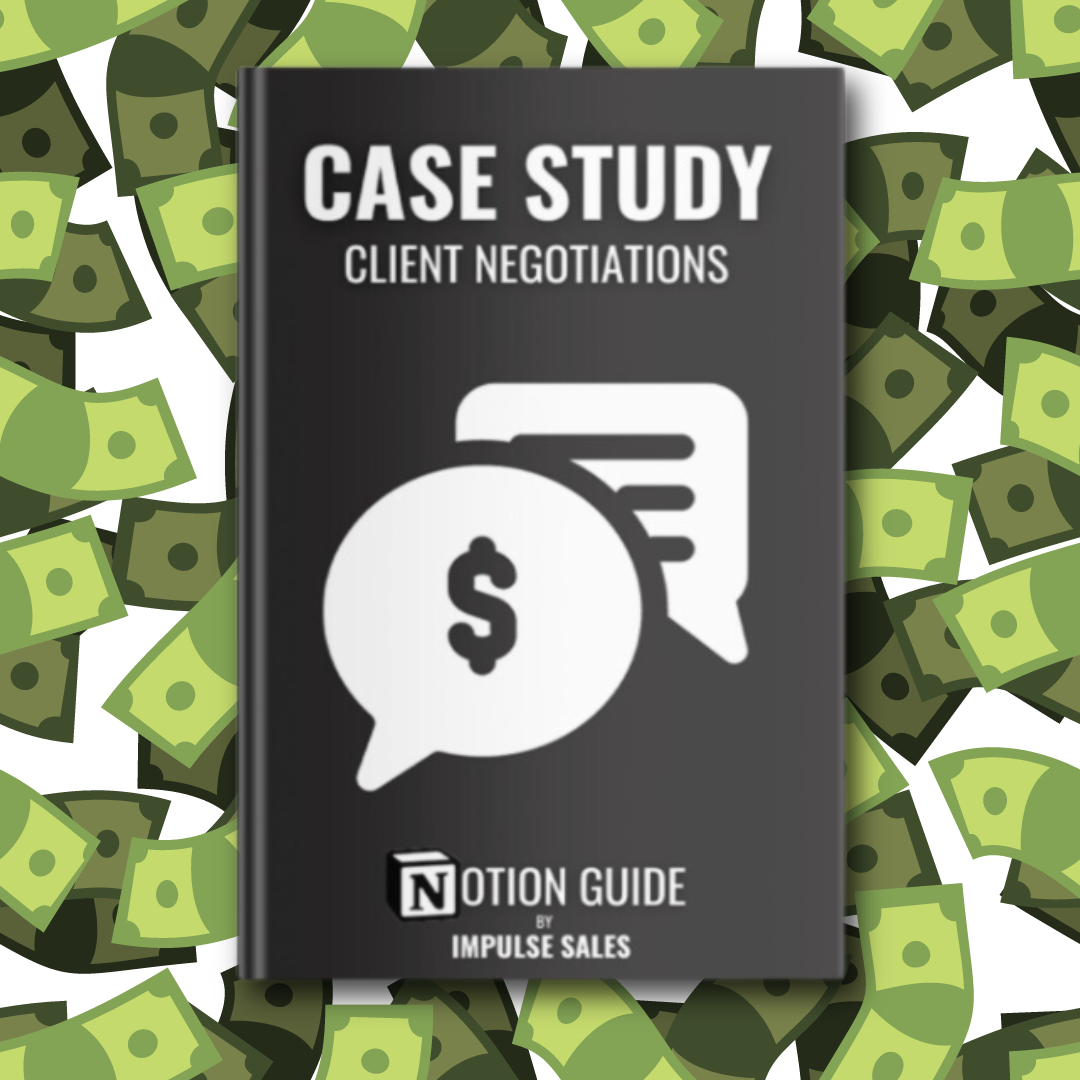 A mockup of a black book titled "case study: client negotiations" on a money graphic background.