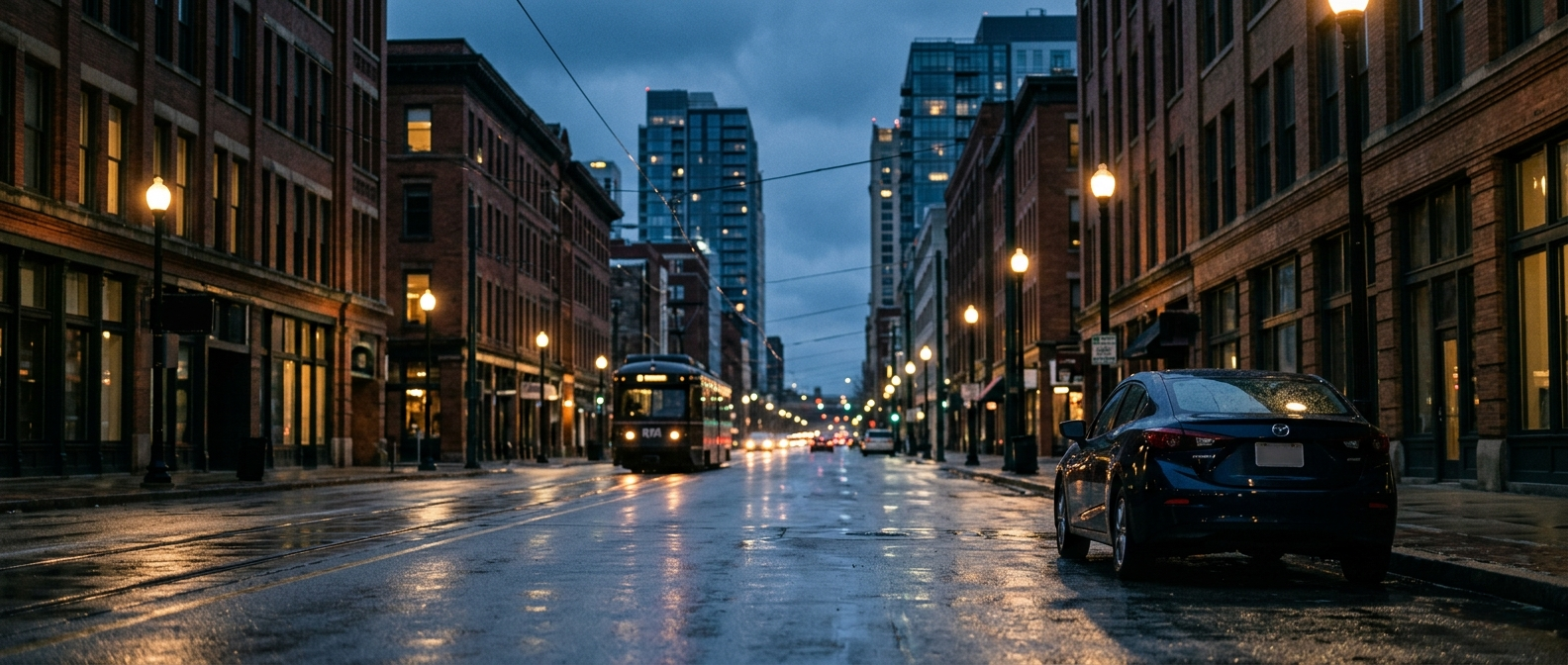 Cleveland Ohio downtown street at blue hour - reliable car rental