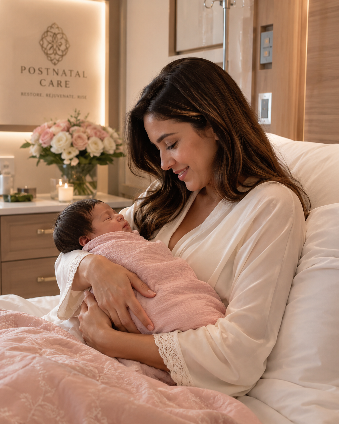 Mother and newborn in luxury postnatal clinic