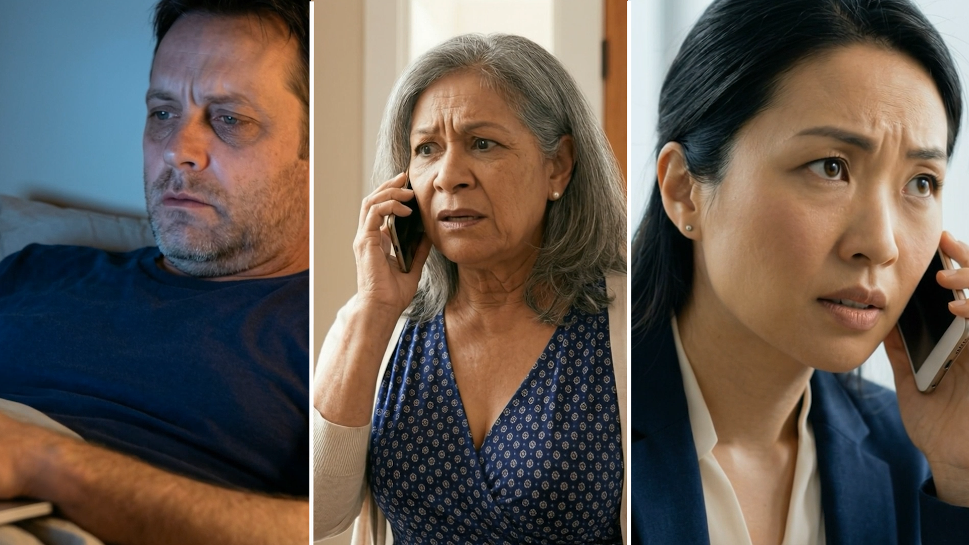 split screen showing a man on his laptop, a grandma on the phone, and a woman on the phone looking worried