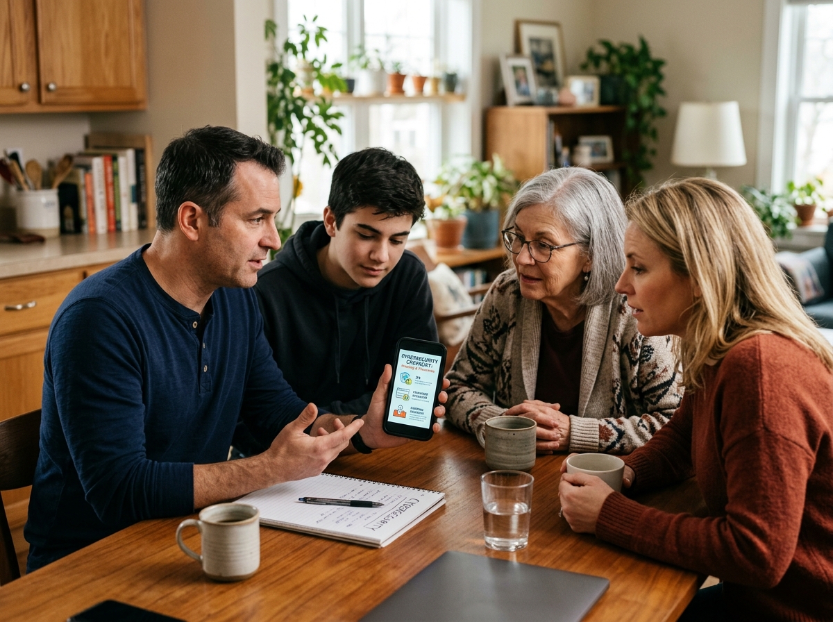Family at a table discussing cybersecurity