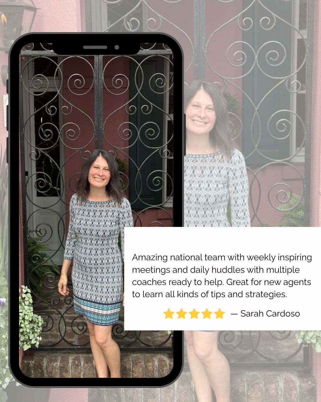 Sarah Cardoso testimonial — 'Amazing national team with weekly inspiring meetings and daily huddles with multiple coaches ready to help. Great for new agents to learn all kinds of tips and strategies.'