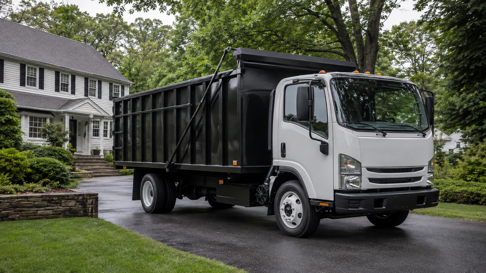 Large junk removal truck in an East Coast residential neighborhood