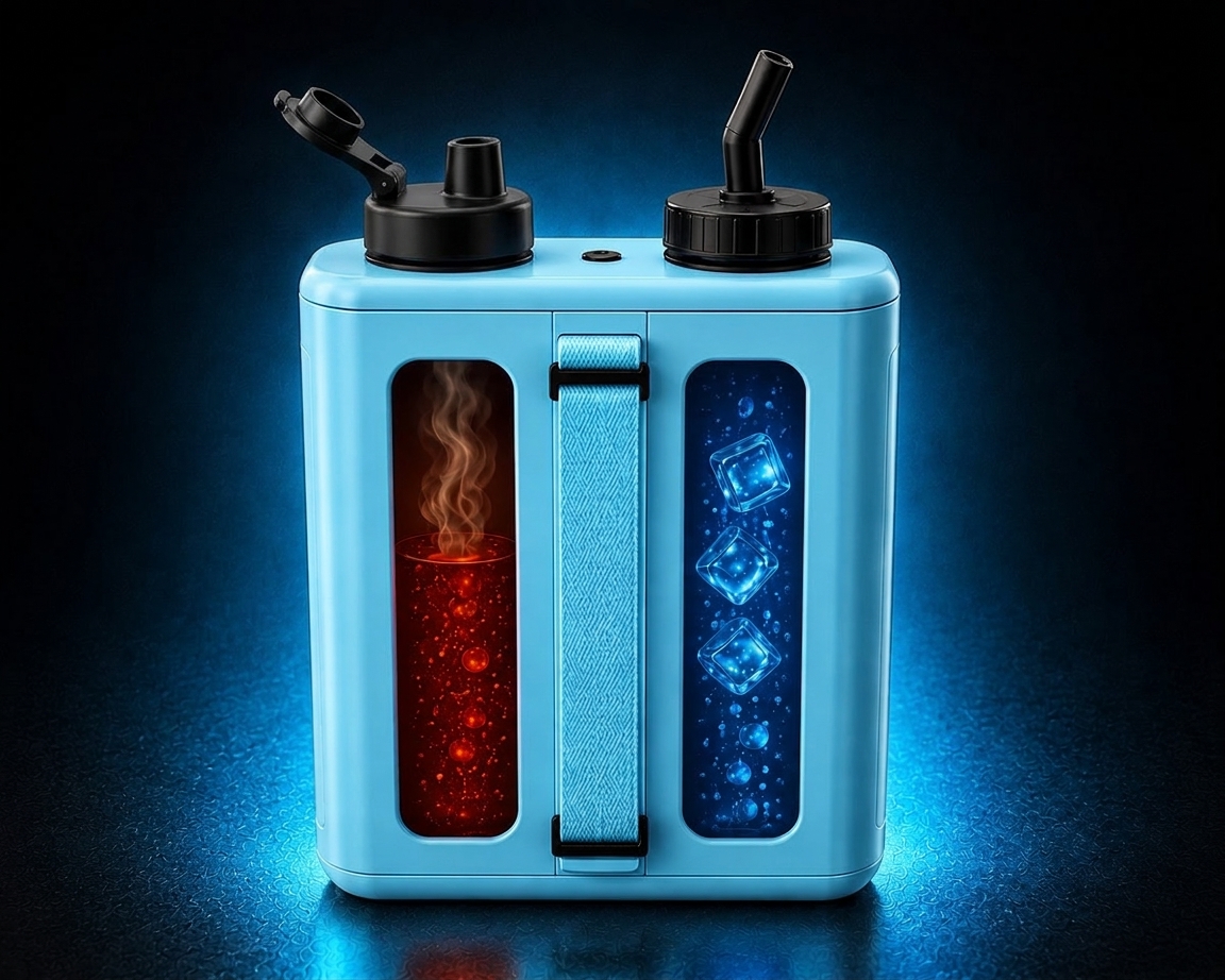 Blue Double Take concept bottle with a sip lid on the hot side and a straw on the cold side