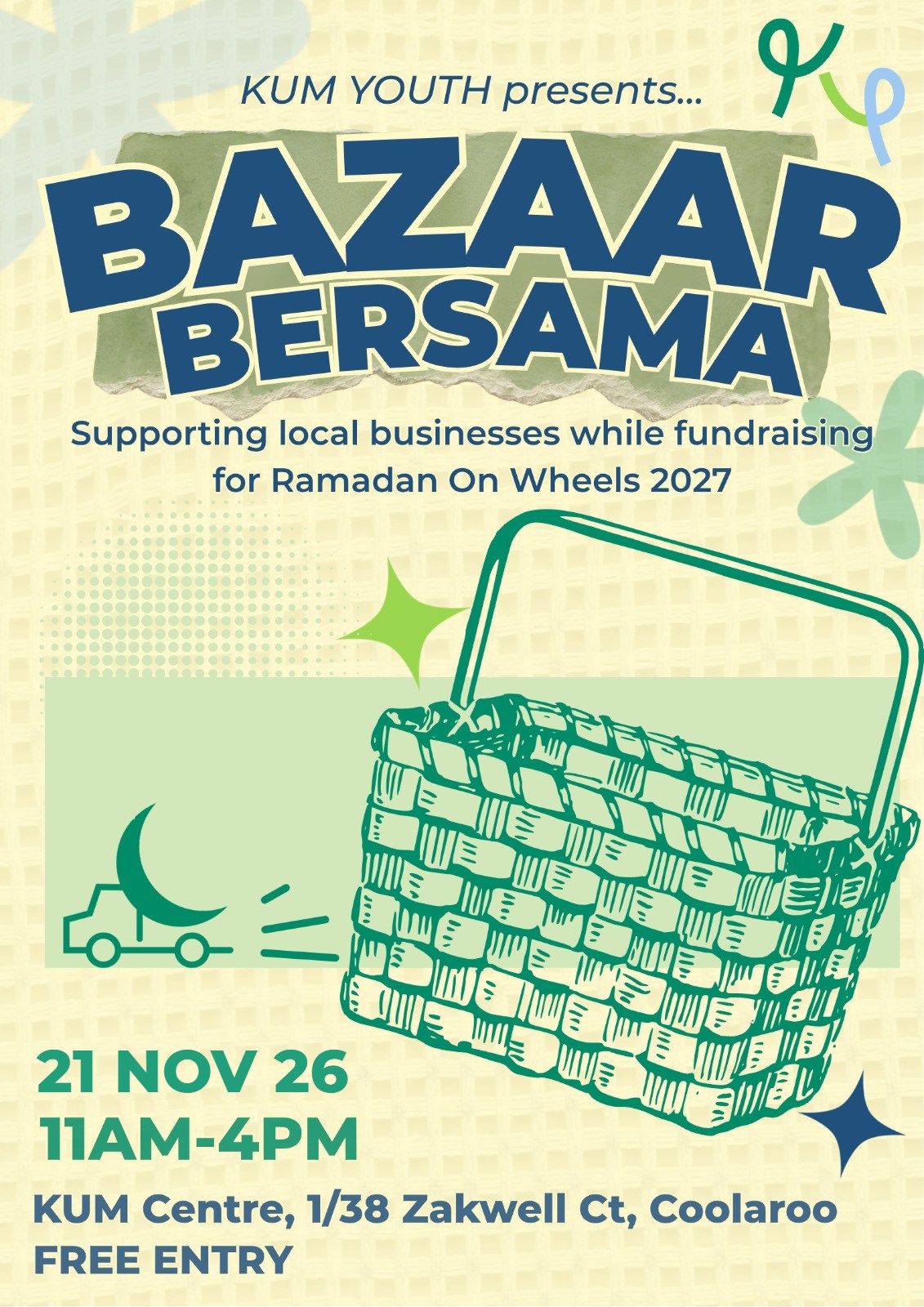 Bazaar Bersama poster: KUM Youth presents Bazaar Bersama, 21 Nov 26, 11am to 4pm, KUM Centre, Coolaroo, free entry